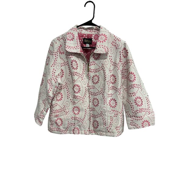 Bob Mackie Wearable Art Floral Full Zip Jacket Pink White Sz Large Feminine Boho - Picture 1 of 10